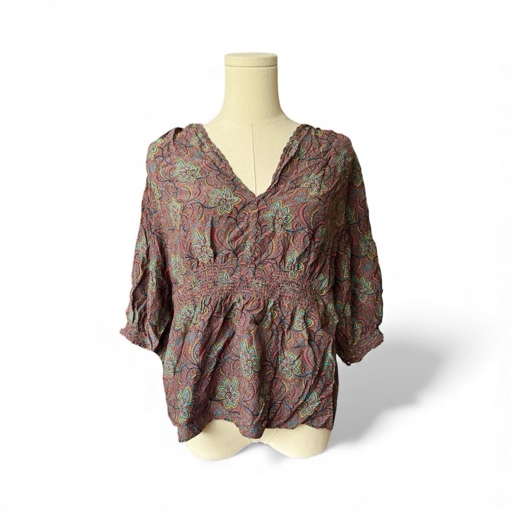 Moda Intl Silk Floral Babydoll Top S/M Red Y2K Boho Smocked Feminine Puff Sleeve